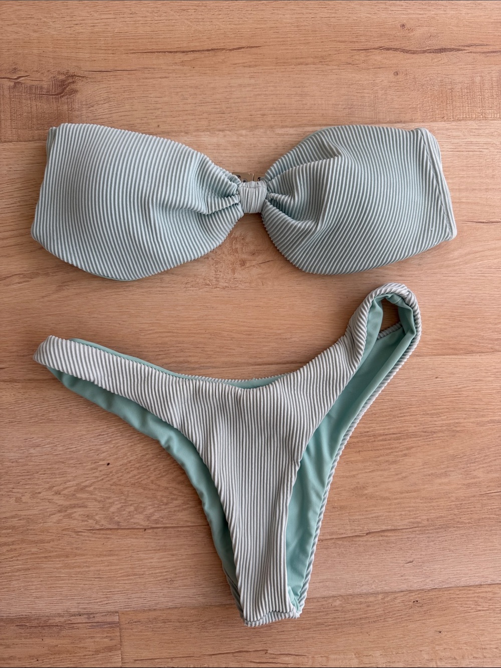 🩵 Charlie Holiday Ribbed Bandeau Bikini Set in Sage Baby Blue, Size Small